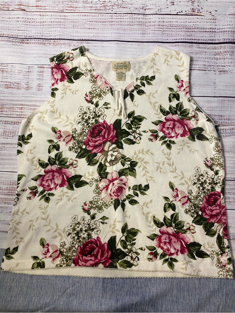 VTG St. John's Bay Cream Floral Tie-Neck Sleeveless Camisole - Pink Roses Sz-XL